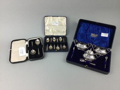 Lot 13 - A SET OF SIX SILVER COFFEE SPOONS, JAM SPOONS AND A PLATED CRUET SET