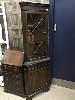 Lot 407 - A MAHOGANY CORNER DISPLAY CABINET AND A MAHOGANY BUREAU