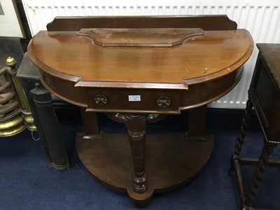 Lot 417 - A STAINED WOOD DEMI LUNE TWO TIER HALL TABLE AND AN OAK BEDISDE TABLE