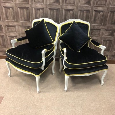 Lot 431 - A PAIR OF WHITE PAINTED ARMCHAIRS OF FRENCH DESIGN