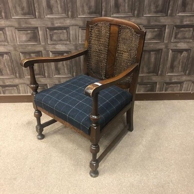 Lot 446 - A WALNUT CANE BACKED ARMCHAIR