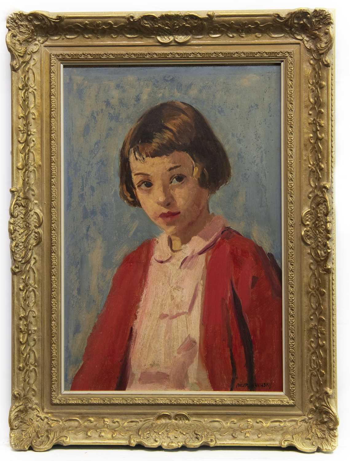 Lot 25 - GIRL IN RED, AN OIL BY PHILIP NAVIASKY