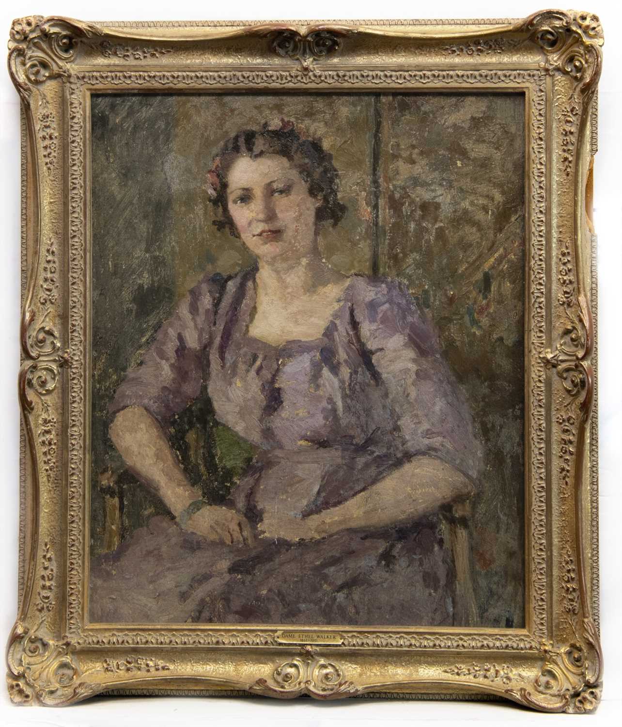 Lot 20 - PORTRAIT OF A YOUNG LADY SEATED IN A LILAC DRESS, AN OIL BY DAME ETHEL WALKER