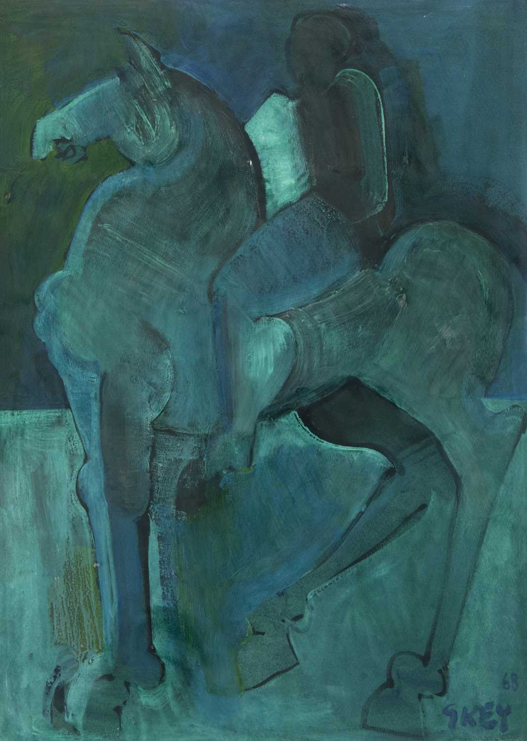 Lot 187 - STUDY OF A HORSE AND RIDER, AN ACRYLIC BY GEOFFREY KEY