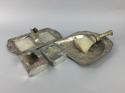 Lot 461 - A CHINESE WHITE METAL SMOKERS SET, CRUMB TRAY AND CUTLERY