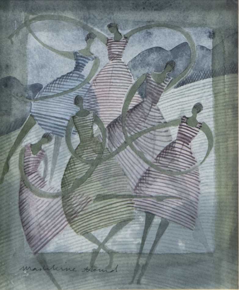 Lot 100 - LINE DANCERS, A WATERCOLOUR BY MADELEINE HAND