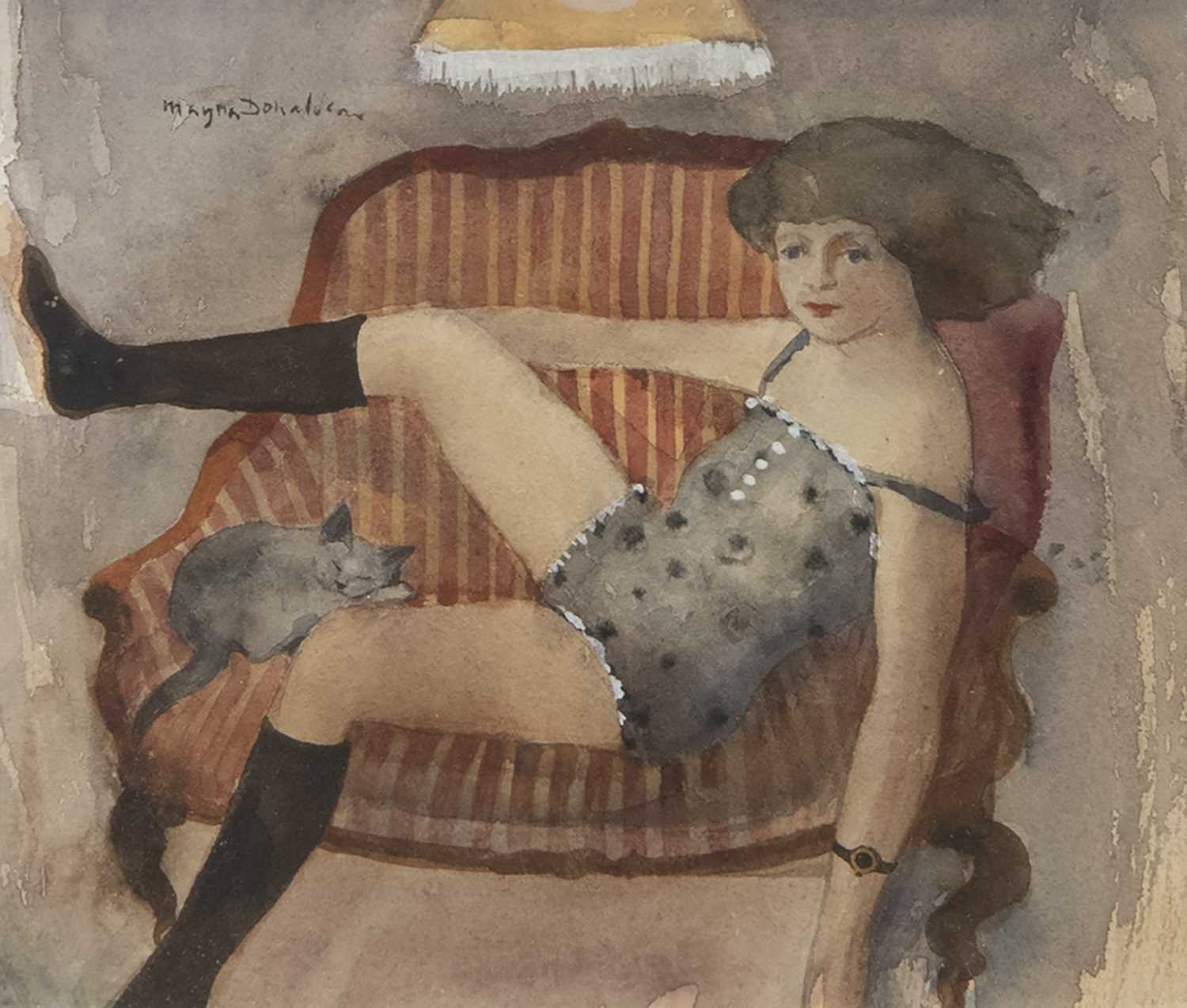 Lot 128 - GIRL AND CONTENTED CAT,  A WATERCOLOUR BY MARYSIA DONALDSON