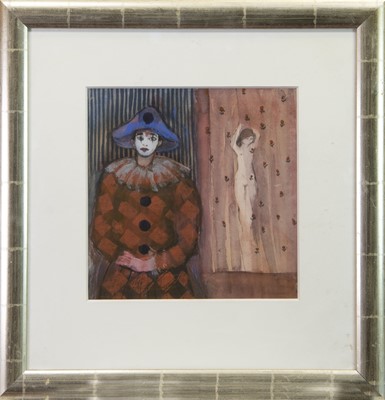 Lot 640 - PIERROT AND NUDE, A WATERCOLOUR BY MARYSIA DONALDSON