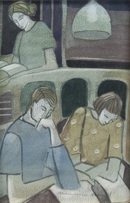 Lot 44 - NIGHT AT THE LIBRARY, A WATERCOLOUR BY MADELEINE HAND