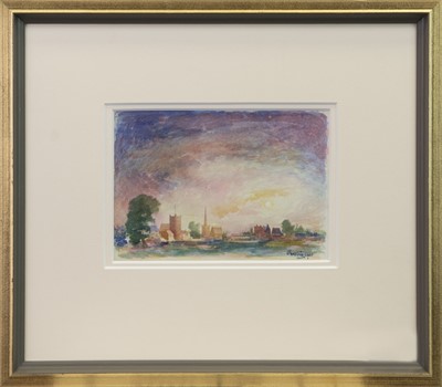Lot 64 - VILLAGE AT SUNSET, 1972, A WATERCOLOUR BY WILLIAM CROSBIE