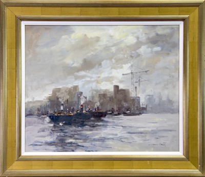 Lot 30 - BOATS ON THE CLYDE, AN OIL BY WILLIAM NORMAN GAUNT