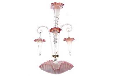 Lot 1055 - A VICTORIAN CRANBERRY AND OPALESCENT GLASS EPERGNE