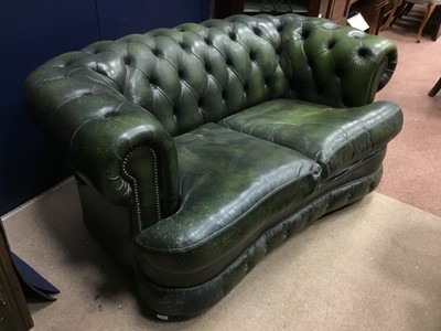 Lot 533 - A GREEN LEATHER CHESTERFIELD SETTEE, WITH A MATCHING WING BACKED ARMCHAIR AND ANOTHER ARMCHAIR