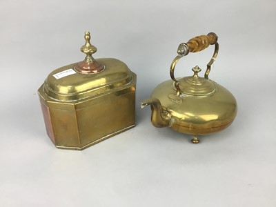 Lot 560 - A BRASS TODDY KETTLE, BRASS CADDY, CANDLESTICKS AND OTHER ITEMS