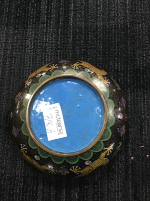 Lot 718 - A CIRCULAR BOWL AND TWO CLOISONNE ENAMEL VASES
