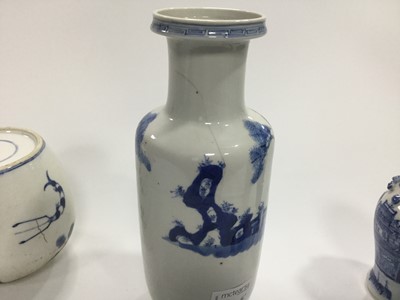 Lot 714 - A CHINESE BLUE AND WHITE VASE, TWO OTHER VASES AND A TEA POT AND A JAR