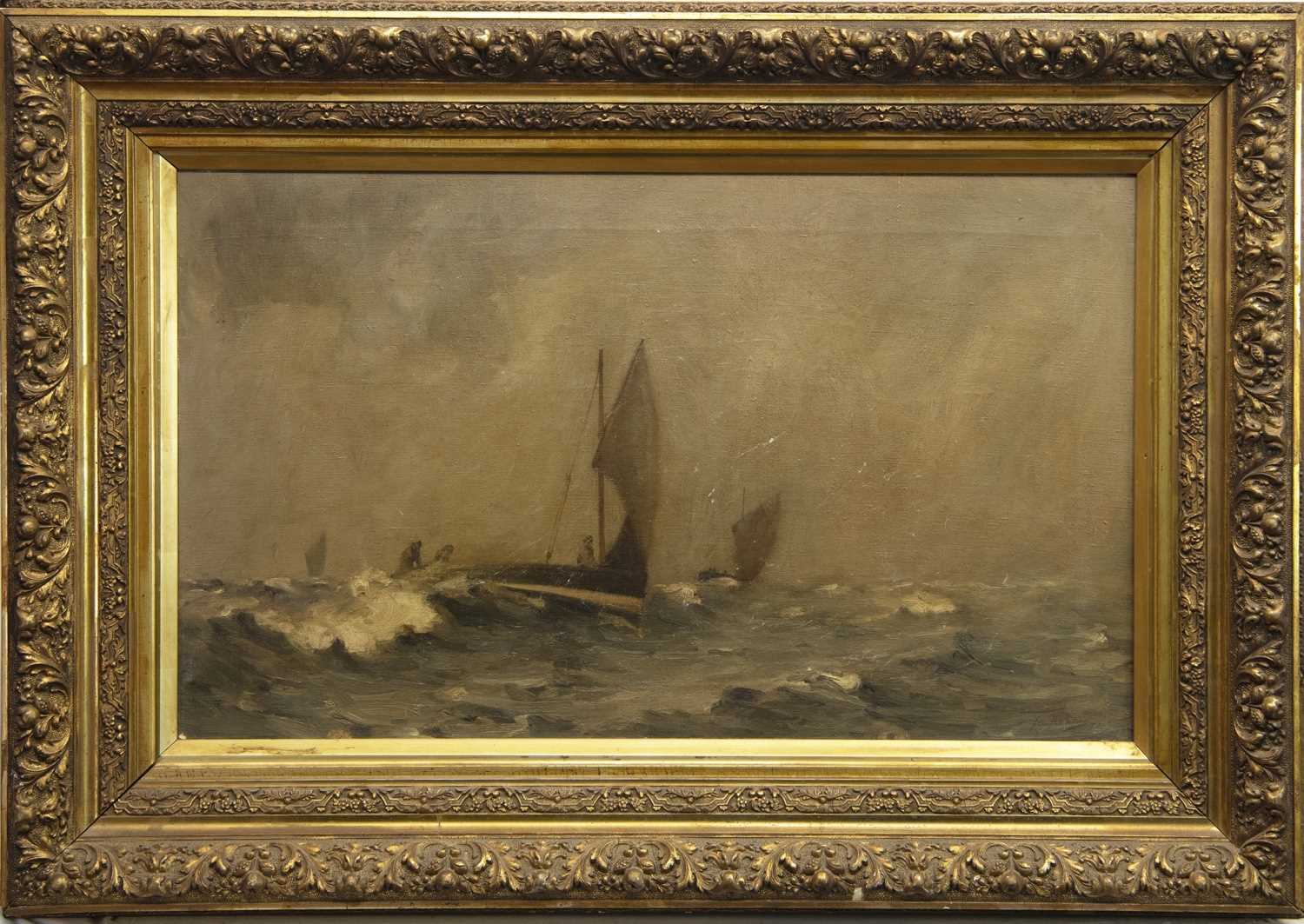 Lot 54 - SAILBOATS IN ROUGH SEAS, AN OIL BY JOHN CAMPBELL MITCHELL