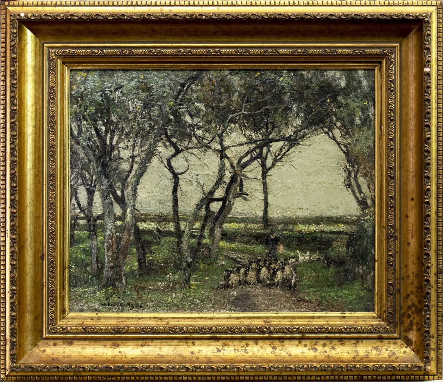 Lot 42 - SHEEP DRIVING ON A COUNTRY PATH, AN OIL BY WILLIAM PAGE ATKINSON WELLS