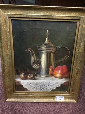 Lot 551 - A STILL LIFE WITH COFFEE POT AND FRUIT, OIL ON CANVAS AND ANOTHER