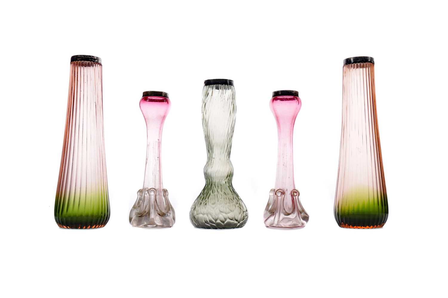 Lot 1076 - AN ART NOUVEAU IRIDESCENT GLASS VASE ALONG WITH TWO PAIRS OF SILVER MOUNTED VASES