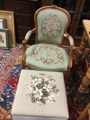 Lot 591 - AN OTTOMAN WITH TAPESTRY PANEL TOP AND A FRENCH STYLE ARMCHAIR