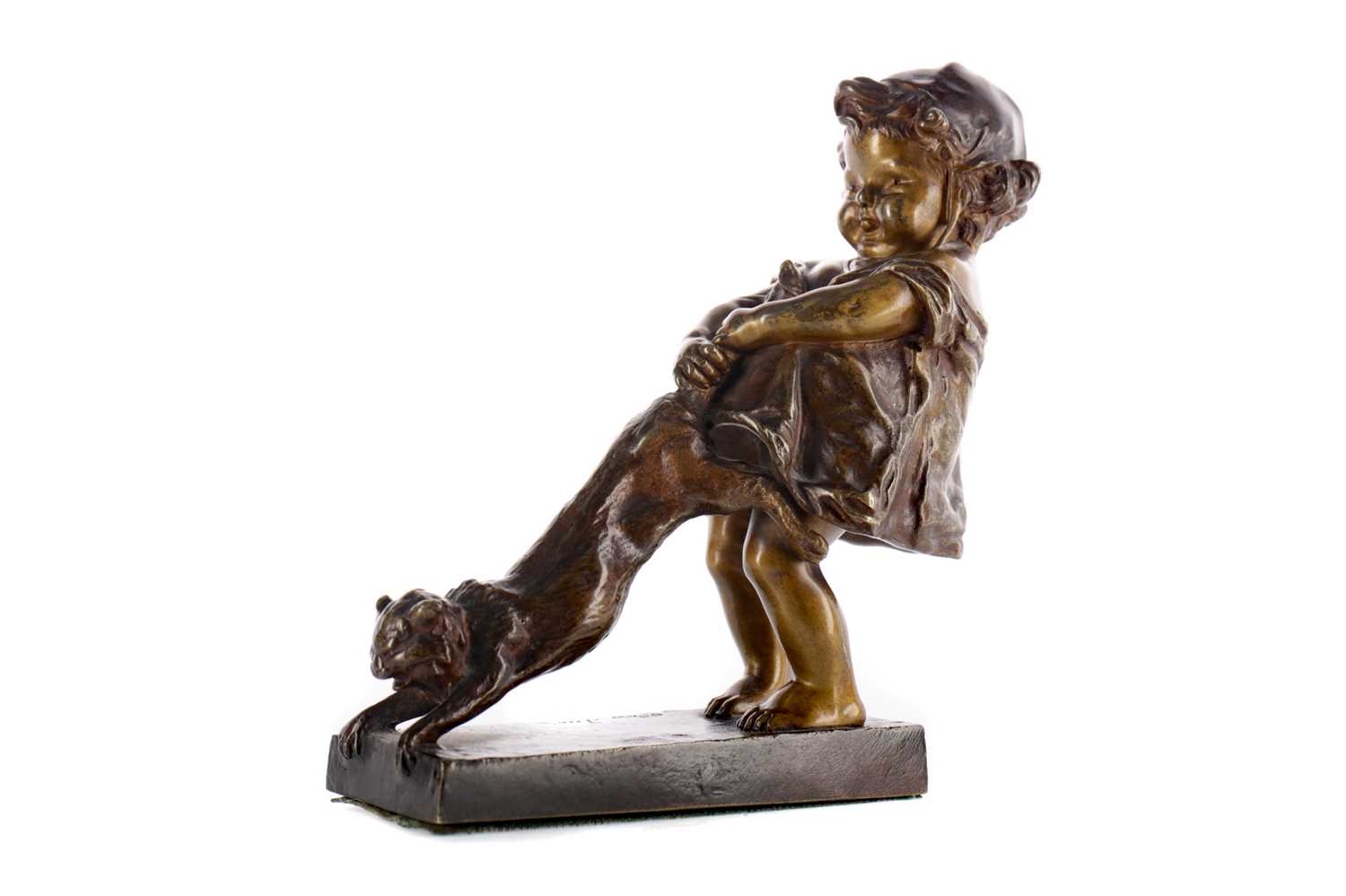 Lot 1686 - A COLD PAINTED BRONZE FIGURE GROUP OF A GIRL PULLING A CAT, BY JUAN CLARA (SPANISH, 1875-1958