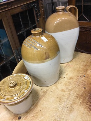 Lot 668 - A LOT OF TWO LARGE SALTGLAZE DEMIJOHNS ALONG WITH A CROCK