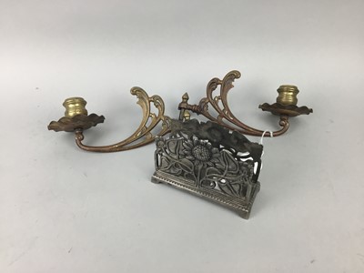 Lot 686 - A PAIR OF BRASS WALL SCONCES, ALONG WITH A TRINKET BOX, LETTER RACK AND BELLOWS