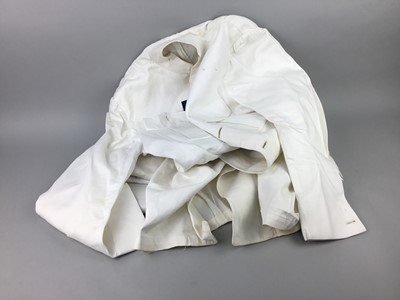 Lot 746 - A LOT OF TWO VINTAGE PITH HELMETS, A BOWLER HAT, TROUSERS AND A COAT