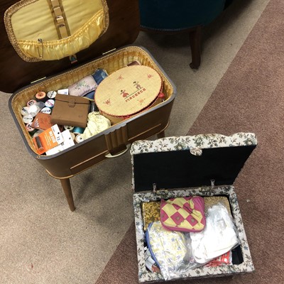 Lot 753 - A RETRO SEWING TABLE, AN UPHOLSTERED FOOTSTOOL AND SEWING ITEMS