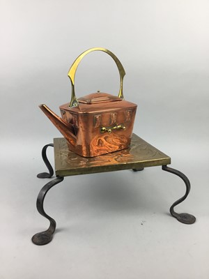 Lot 749 - A COPPER AND BRASS TEA KETTLE, PAIR OF BRASS CANDLESTICKS AND A BRASS STAND