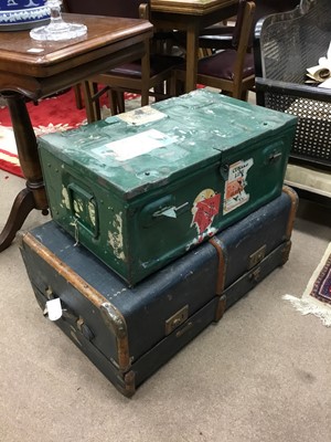 Lot 704 - AN EARLY 20TH CENTURY WOOD BOUND CABIN TRUNK AND ANOTHER