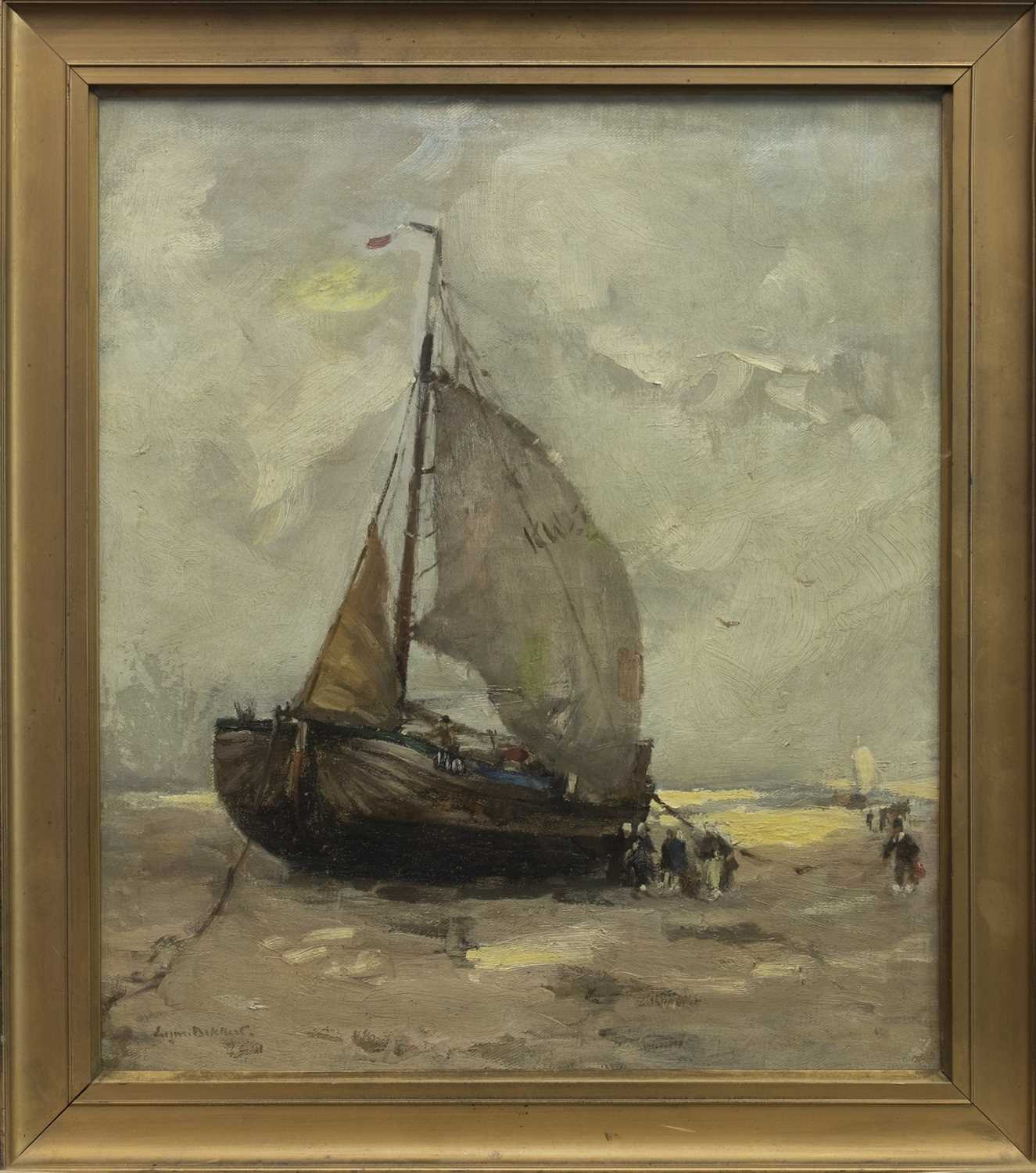 Lot 77 - BEACHED SAILING BARGE, AN OIL BY EUGENE DEKKERT