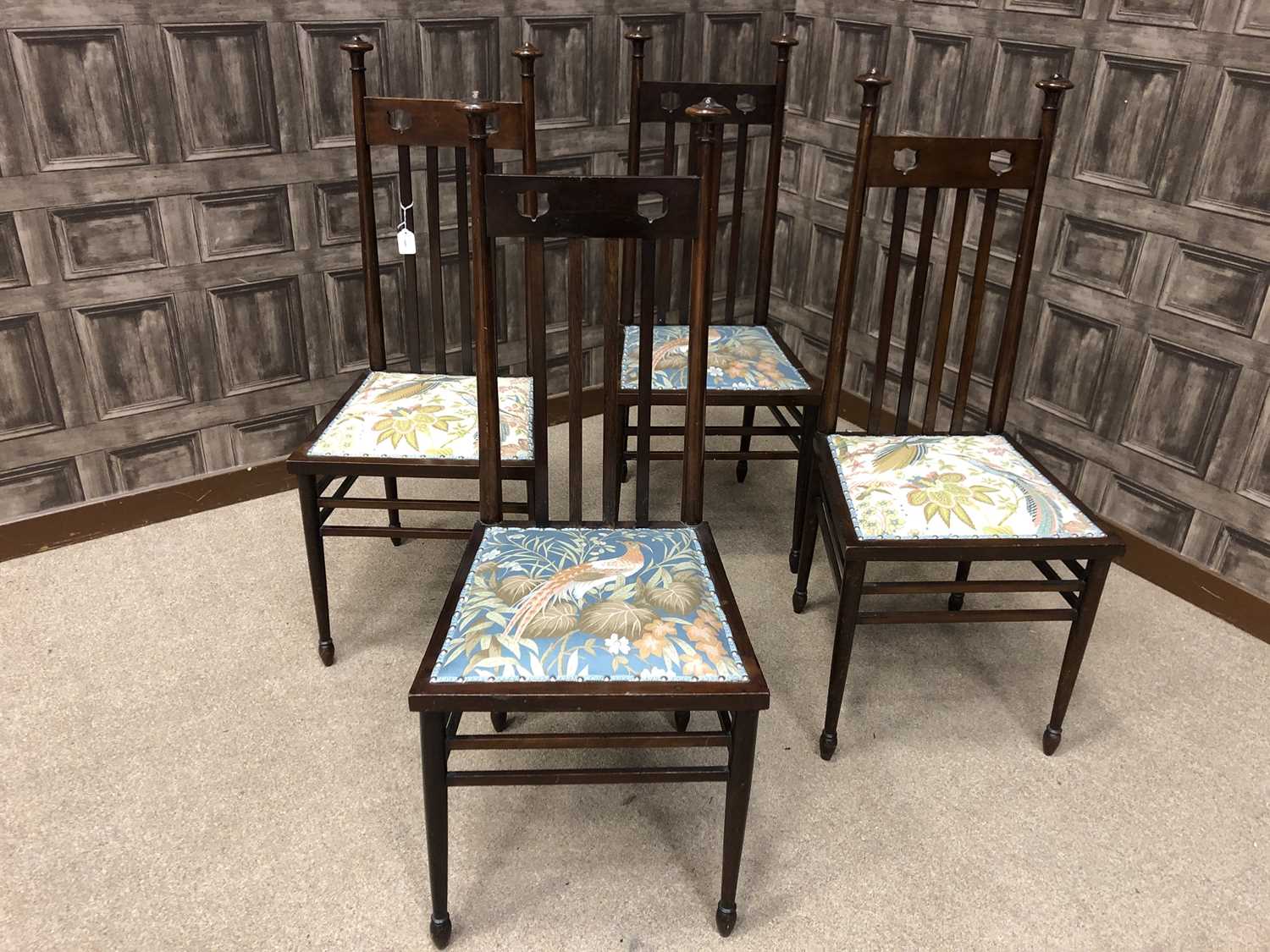 Lot 1669 - A SET OF FOUR MAHOGANY CHAIRS OF ARTS & CRAFTS DESIGN
