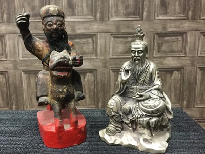 Lot 715 - A 20TH CENTURY CHINESE PAINTED WOOD FIGURE, A WHITE METAL BUDDHA AND A DRAGON