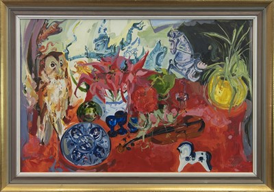Lot 139 - HORSES AND OWL, AN OIL BY JAMES HARRIGAN
