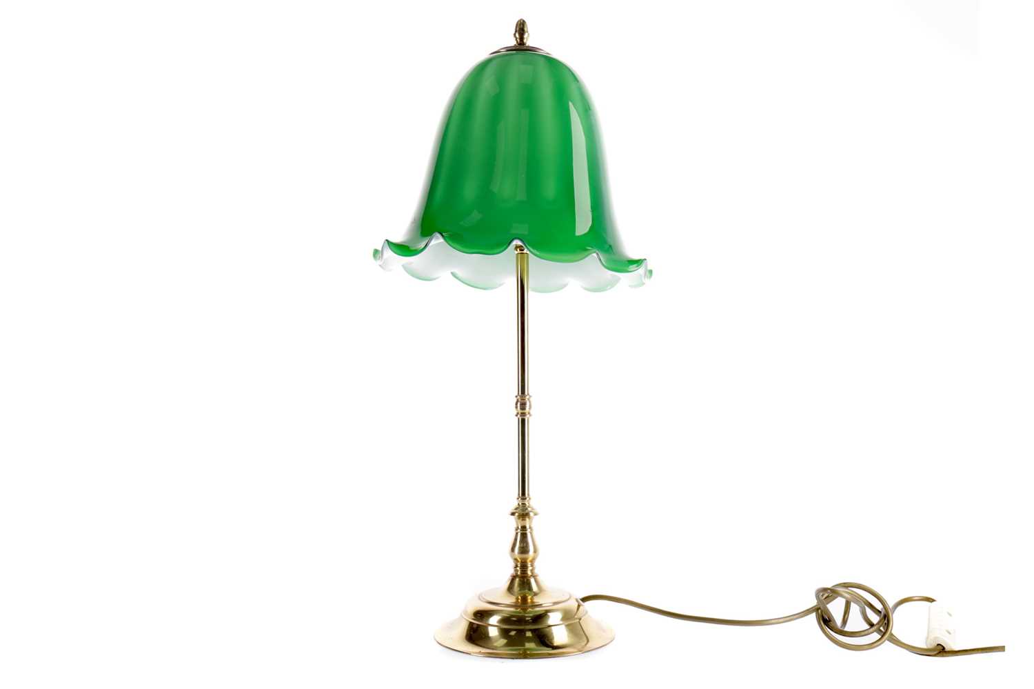 Lot 1676 - A BRASS TABLE LAMP WITH GREEN SHADE