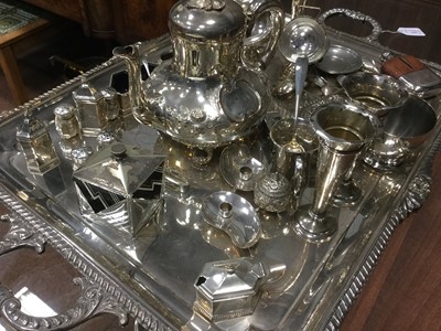 Lot 849 - A SILVER PLATED TWIN HANDLED SERVING TRA  AND OTHER SILVER AND PLATED CONDIMENTS