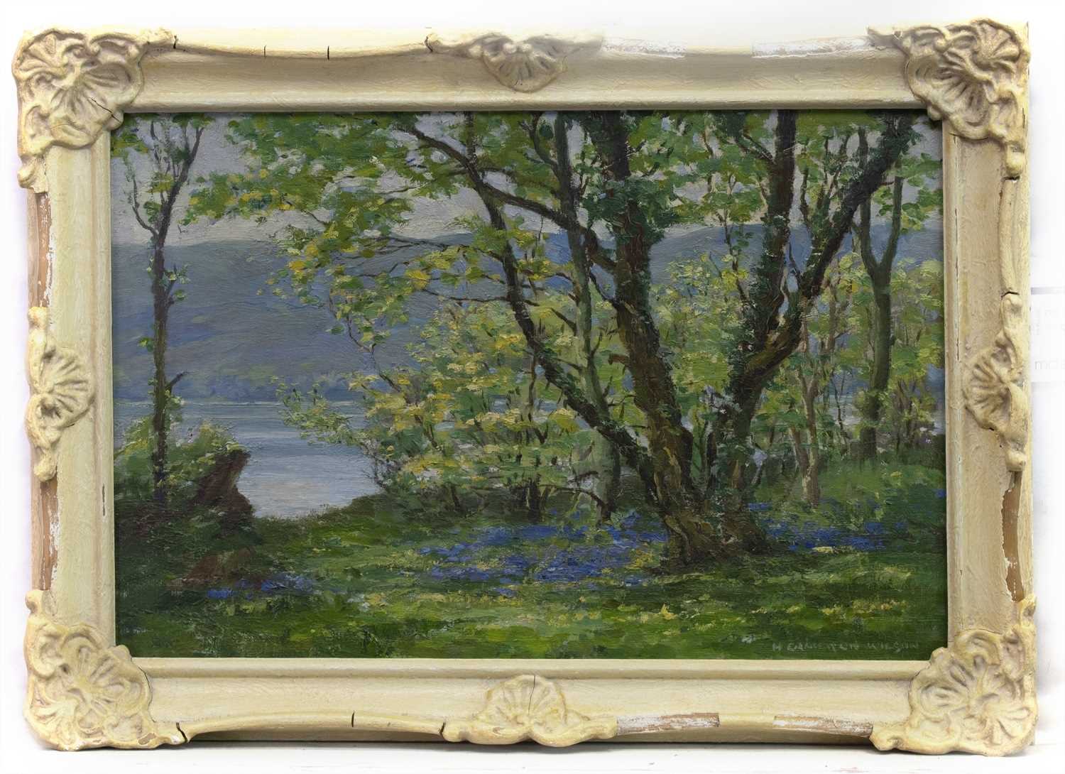 Lot 58 - BLUEBELLS BY THE LOCH, AN OIL BY HUGH CAMERON WILSON