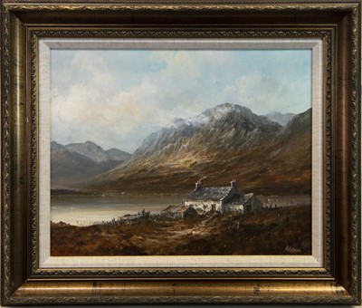 Lot 79 - COTTAGE IN A HIGHLAND LANDSCAPE, AN OIL BY ALFRED ALLAN