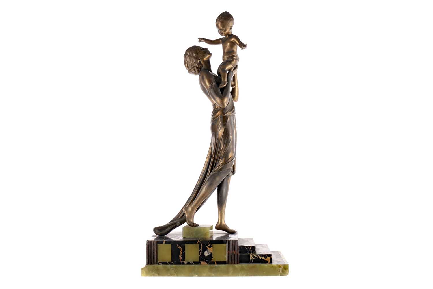 Lot 1681 - AN ART DECO BRONZED SPELTER FIGURE GROUP OF A MOTHER AND CHILD