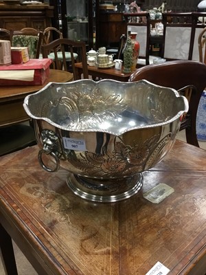 Lot 907 - A SILVER PLATED TWIN HANDLED ICE BUCKET, A TRAY AND A BISCUIT BARREL