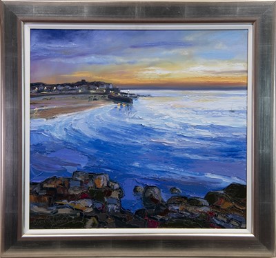 Lot 68 - CALM SEA AND SUNSET, ST IVES, AN OIL BY JUDITH BRIDGLAND
