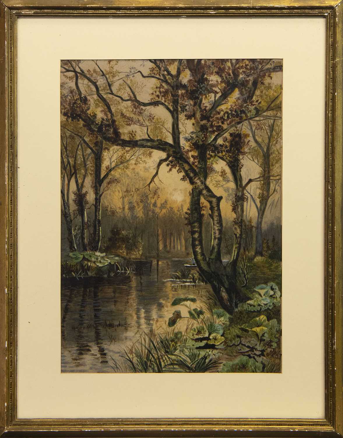Lot 404 - STREAM THROUGH WOODLANDS, A WATERCOLOUR BY L J WILKIE