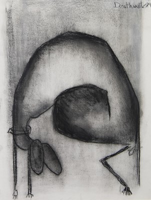 Lot 201 - DOG LYING DOWN, A CHARCOAL AND PASTEL BY PAT DOUTHWAITE