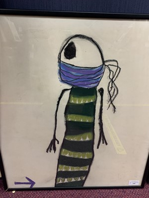 Lot 200 - SKELETON WITH A STRIPEY DRESS, A PASTEL BY PAT DOUTHWAITE