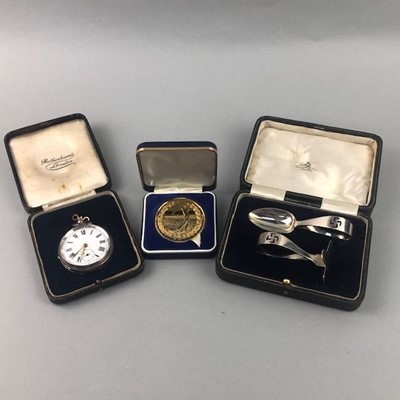 Lot 10 - A SILVER POCKET WATCH ALONG WITH A PUSHER SET AND A MEDAL