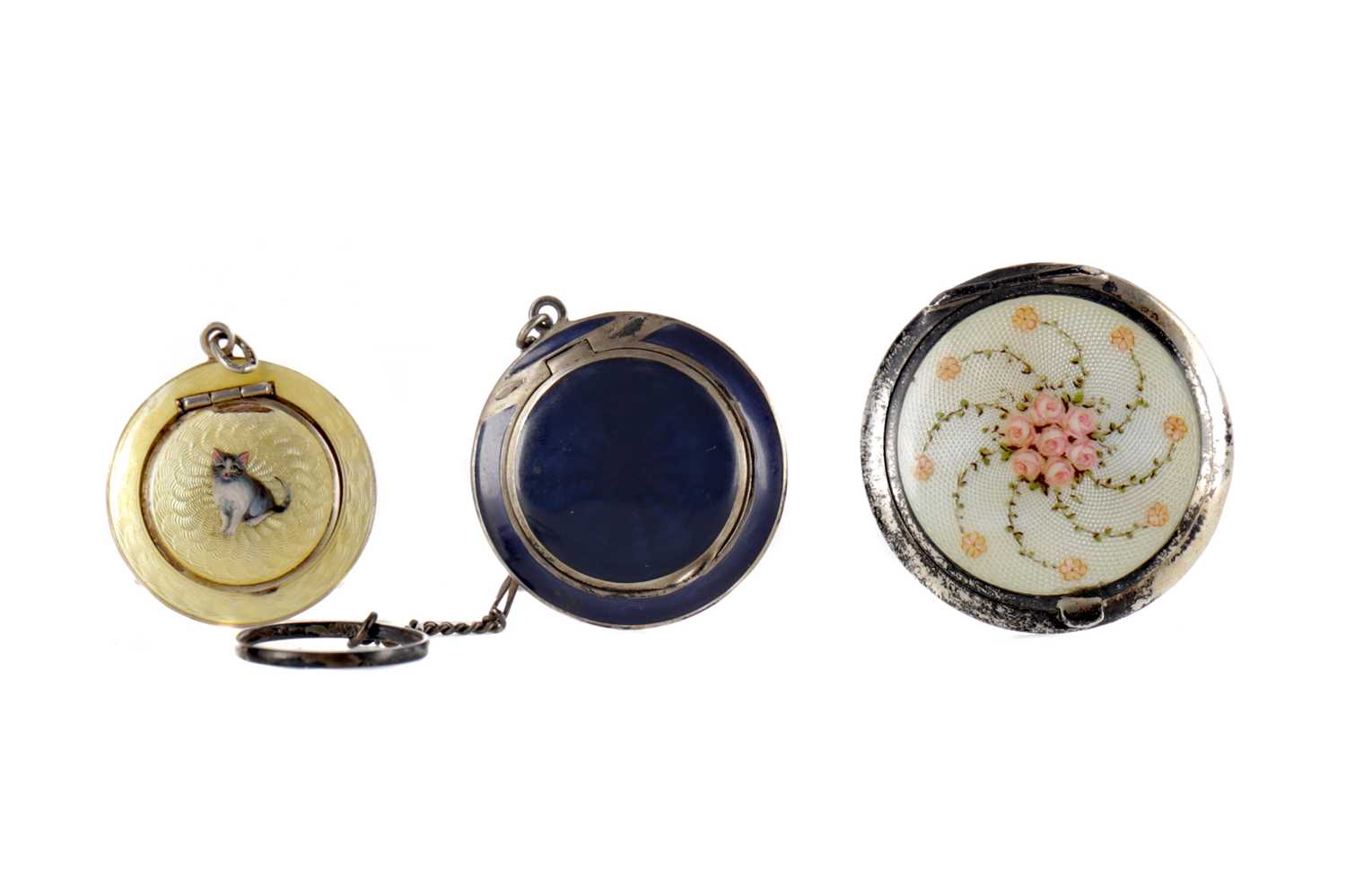 Lot 1708 - A CHARMING GUILLOCHE ENAMEL COMPACT AND TWO OTHERS
