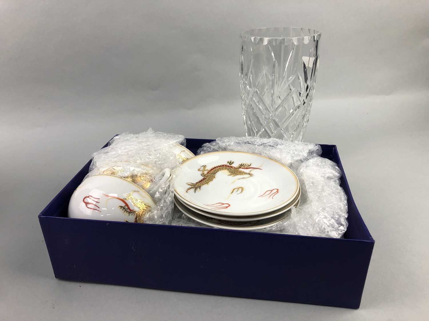 Lot 128 - A CUT GLASS VASE, JAPANESE PART TEA SERVICE AND OTHERS