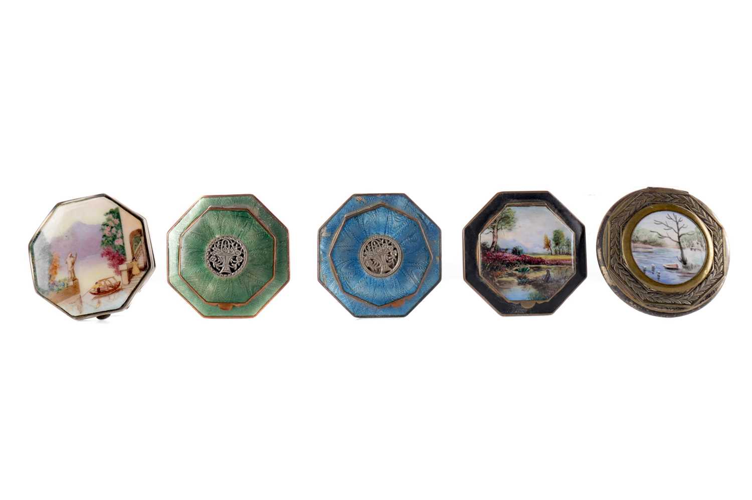 Lot 1715 - A VOGUE SILVER AND ENAMEL OCTAGONAL COMPACT AND FOUR OTHERS